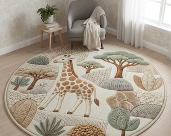 Woodland Nursery Rug, Safari Animal Round Mat, Faux Knit Pattern Carpet, Patchwork Look Rug