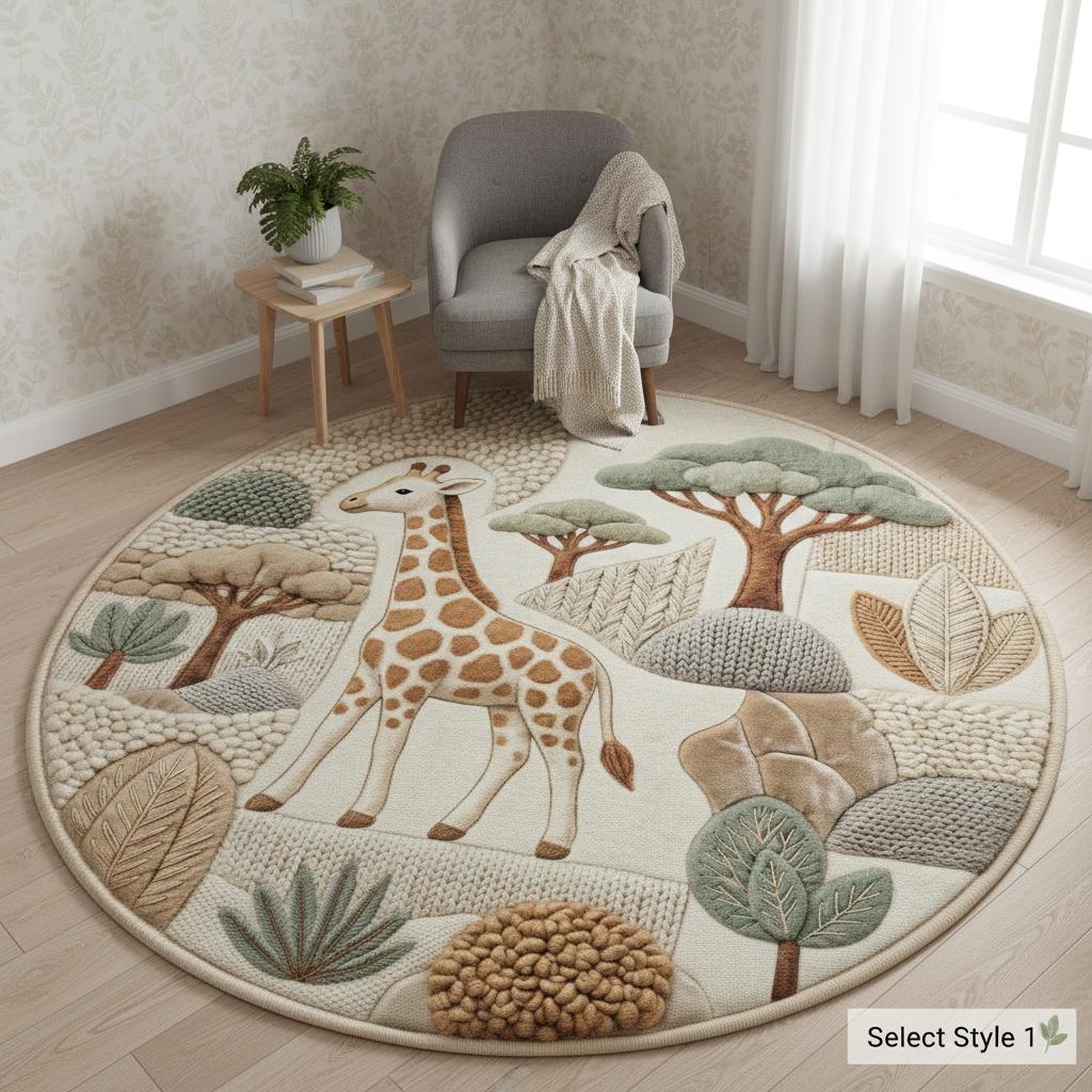 Round Animal Rug Woodland Nursery Rug, Safari Animal Round Mat, Faux Knit Pattern Carpet ...