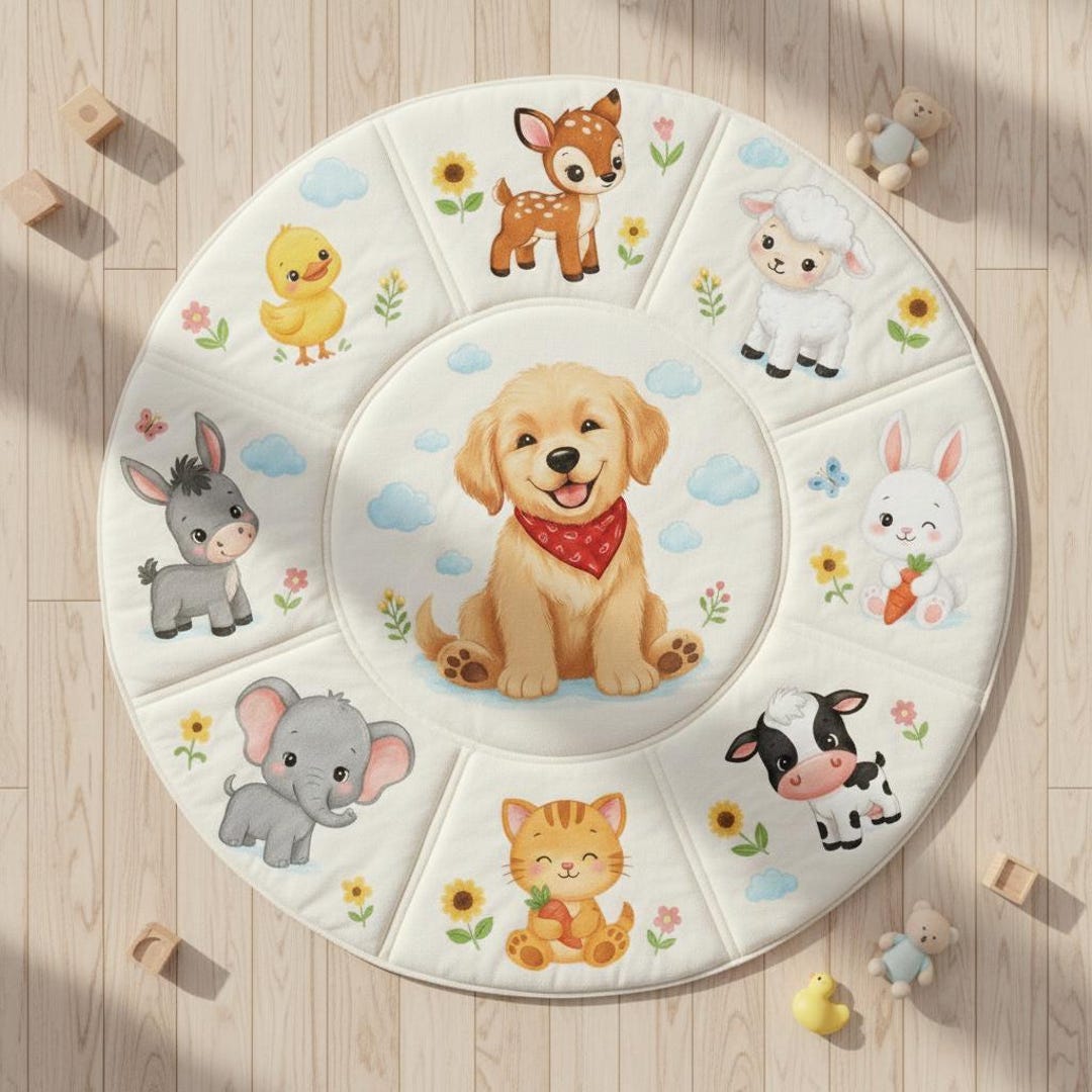 Round Animal Rug Golden Retriever Puppy Round Rug, Baby Animal Nursery Play Mat, Gender ...