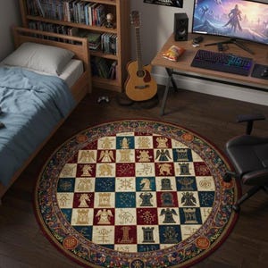 Tapete de xadrez medieval redondo, tapete heráldico real em vermelho e azul, decoração histórica