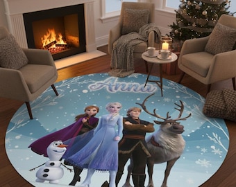 Rond vloerkleed Frozen, gepersonaliseerd Elsa-tapijt, kinderkamerdecor Disney Princess, speelkleed Anna en Olaf, gepersonaliseerd cadeau meisjeskamer