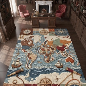 Op de afbeelding: Een groot, rechthoekig tapijt met een wereldkaartontwerp. Het tapijt heeft een blauwe oceaan, bruine continenten en details van kompasrozen. Decoratieve elementen zijn zeilboten en telescopen. Het tapijt ligt in een kamer met boekenkasten en antieke meubels.