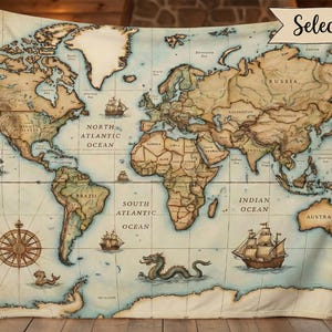 May include: A large, rectangular blanket featuring a vintage world map design. The map is in shades of brown, beige, and blue, with illustrations of ships and sea creatures. The text "Select Style 1" is in the upper right corner.
