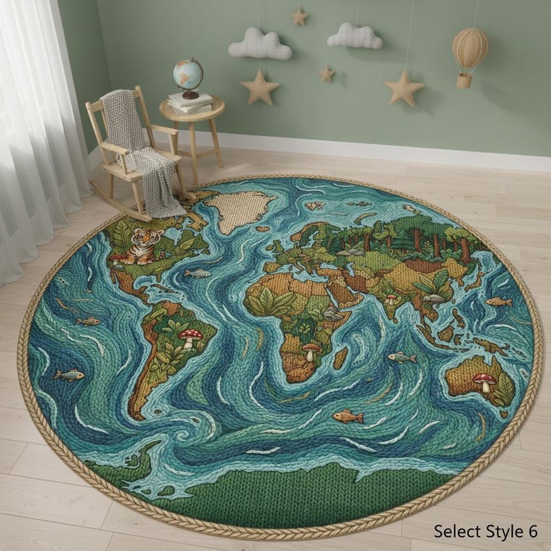 World Map Round Rug, Educational Nursery Floor Mat, Kids Playroom Area ...