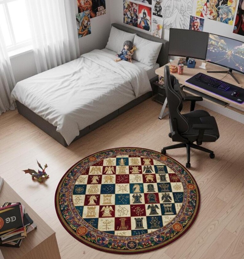 Round Medieval Chess Rug, Royal Red Blue Heraldry Mat, History Decor - Etsy