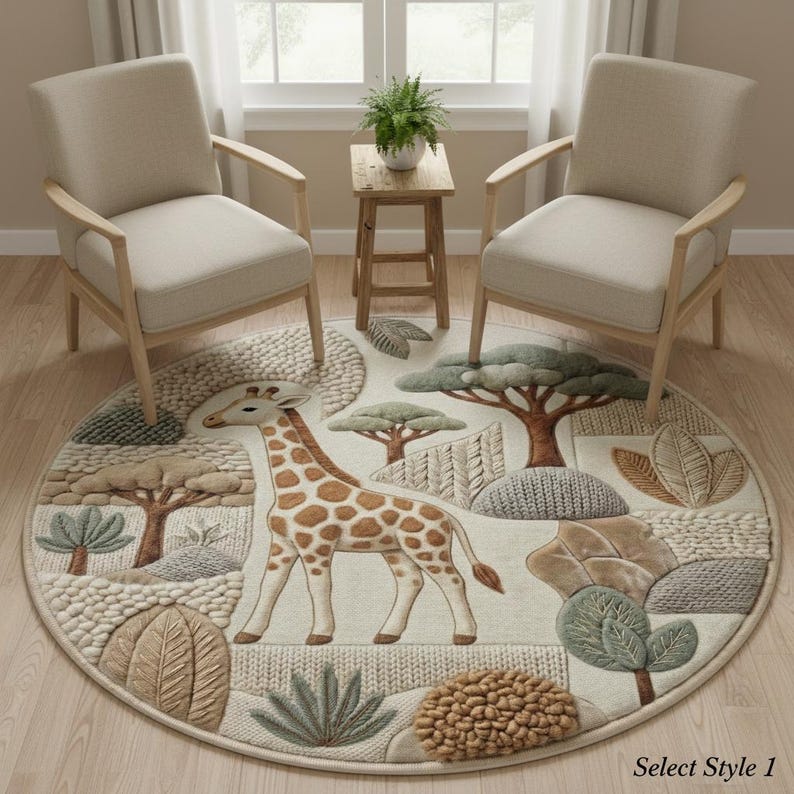 Woodland Nursery Rug, Safari Animal Round Mat, Faux Knit Pattern Carpet ...