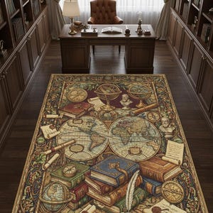 Puede incluir: Una alfombra rectangular con un diseño de mapa vintage. La alfombra presenta un mapa del mundo detallado, libros, globos terráqueos y pergaminos en tonos marrones, azules y verdes. La alfombra está colocada en una habitación con un escritorio, estanterías y una ventana.