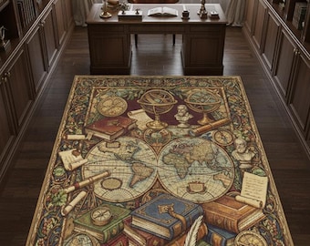 Bookish Library Rug, Dark Academia Decor, Vintage Map Print, Science History Mat
