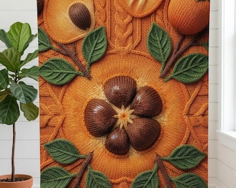 Op de afbeelding: Een oranje gebreide deken met een gedetailleerd ontwerp van een bloem, fruit en bladeren. De deken heeft een centrale bloem met bruine bloemblaadjes, omringd door oranje fruit en groene bladeren. De achtergrond heeft een kabelbreipatroon.