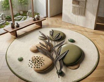 Op de afbeelding: Een ronde, crèmekleurige vloerkleed met een groene rand. Het vloerkleed heeft een ontwerp van gestileerde stenen in beige en groen, met een metalen bamboetak. Het vloerkleed ligt op een houten vloer.