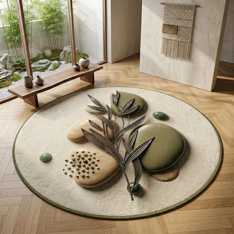 Circular Stone Rug Japandi Round Rug, Mid Century Modern Abstract Botanical Carpet, Boho ...