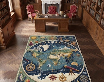 Library Area Rug: Vintage Map and Zodiac Design - Dark Academia Style
