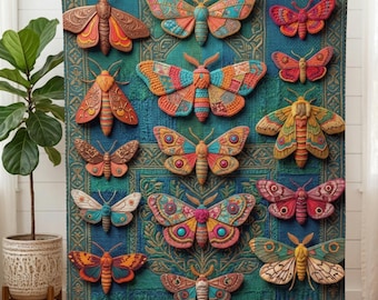 Op de afbeelding: Een turquoise deken met een herhaald patroon van gedetailleerde, kleurrijke motten. De motten hebben ingewikkelde vleugelontwerpen in tinten oranje, rood, blauw en geel. De deken heeft een decoratieve rand en wordt door een persoon vastgehouden.