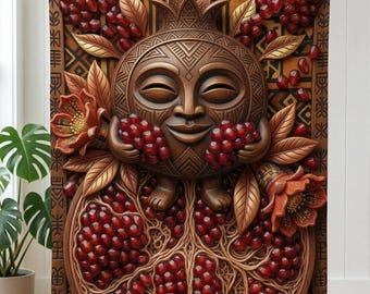 Op de afbeelding: Een bruine deken met een gesneden houten ontwerp van een lachend gezicht dat granaatappels vasthoudt. De deken heeft een gedetailleerd reliëfpatroon met rode granaatappelzaden, bloemen en bladeren. De achtergrond heeft geometrische patronen.