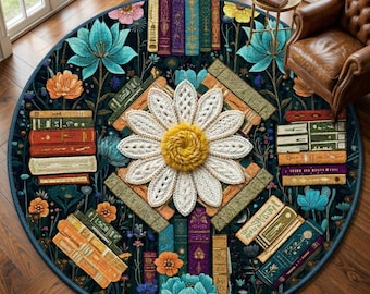 Vintage Library Book Rug, Dark Academia Round Carpet, Enchanted Forest Reading Room Area Mat