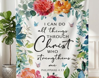 Floral Philippians 4:13 Fleece Blanket, Christian Faith Verse Throw