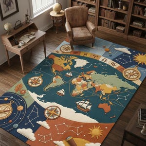 Vintage Map Rug - Zodiac and Nautical Compass Design - Etsy