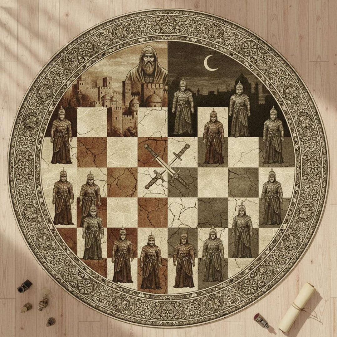 Round Historical Chess Rug, Alamut Castle Warrior Print, Medieval ...