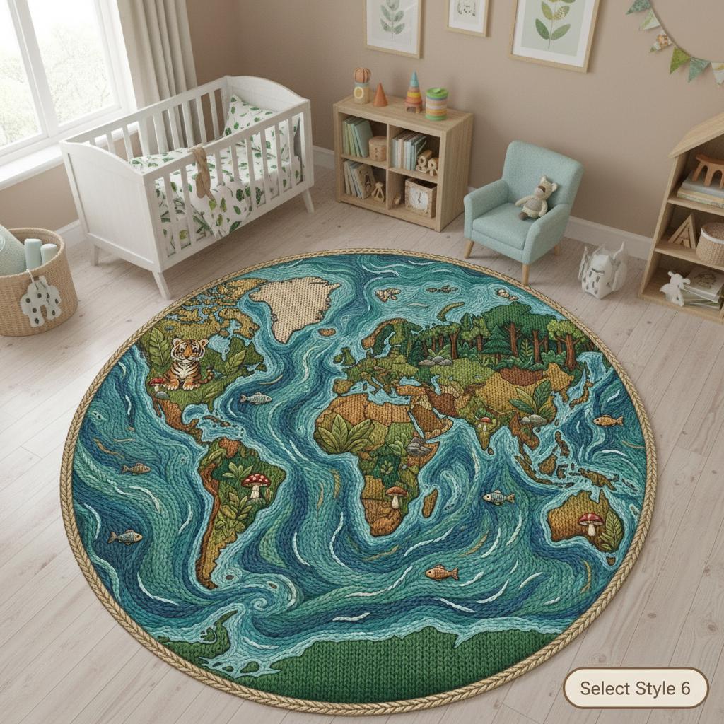 World Map Round Rug, Educational Nursery Floor Mat, Kids Playroom Area ...