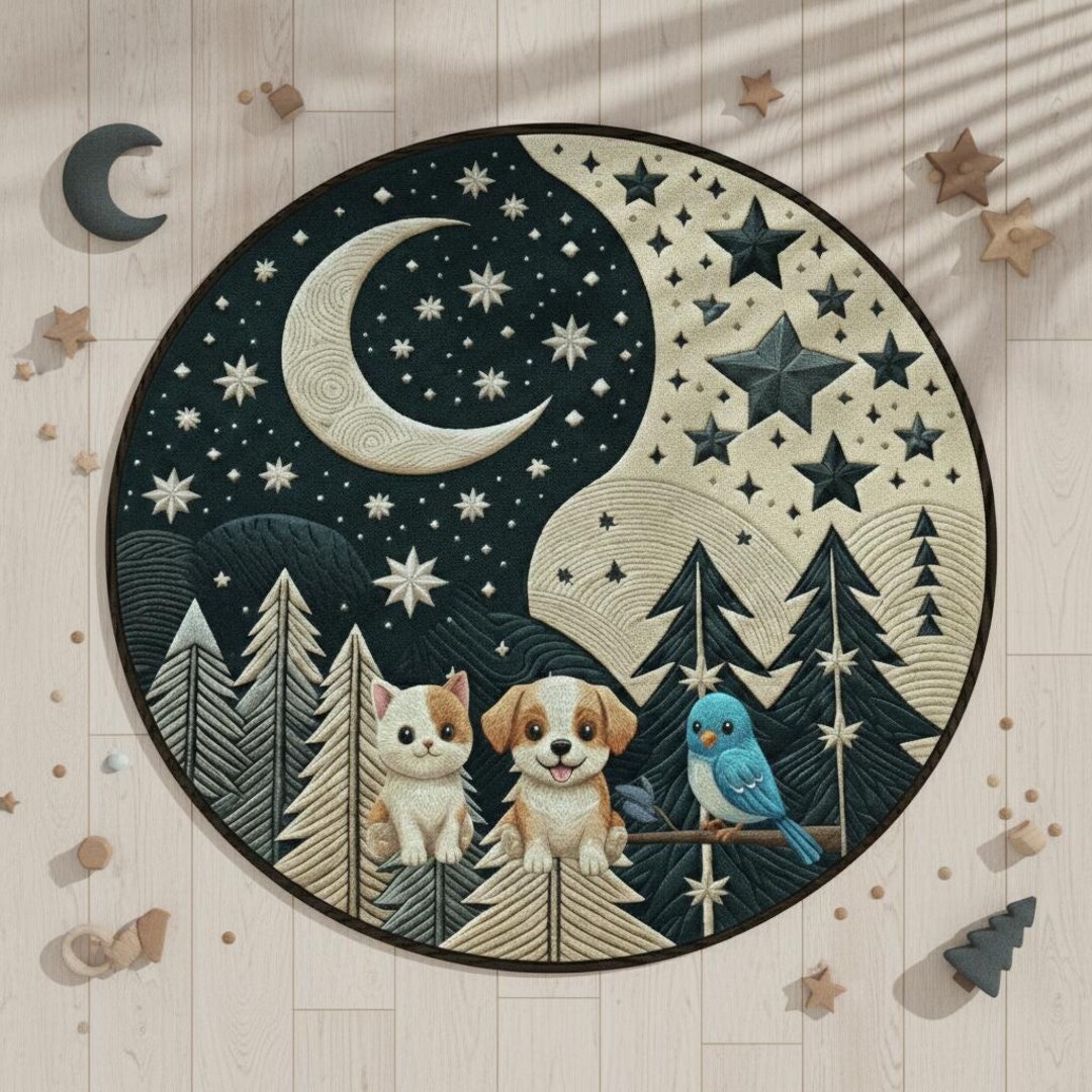 Circle Moon Stars Rug, Forest Animals Nursery Decor, Night Sky Mat - Etsy