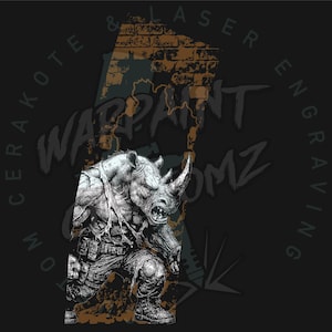 May include: Black and white illustration of a rhino-like creature in a combat stance. The image features the text "WARPAINT & LASER ENGRAVING" and "TOM CERAKOTE" in a circular design around the rhino.