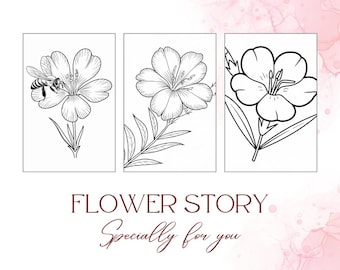 May include: Three-panel artwork featuring detailed black and white floral illustrations. One panel shows a bee on a flower. The text "FLOWER STORY" and "Specially for you" are displayed below the artwork. The artist's Instagram handle is also included.