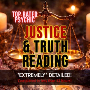 May include: A gold-toned metal scale of justice with two hanging pans, illuminated by warm light. Text reads: TOP RATED PSYCHIC, JUSTICE & TRUTH READING, *EXTREMELY* DETAILED!, and Completed in less than 12 hours! Tarot cards are visible at the bottom.