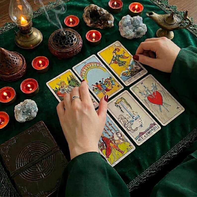 May include: A collection of tarot cards laid out on a dark green velvet cloth, including The Fool, Ten of Cups, and Ace of Swords. The scene features a brass oil lamp, several small lit red candles, raw crystals, and a dark journal with a circular design.