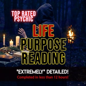 May include: A hooded figure stands in a dark forest with text reading TOP RATED PSYCHIC LIFE PURPOSE READING *EXTREMELY* DETAILED! Completed in less than 12 hours! White candles and an open book sit on a stone surface near a flaming torch.