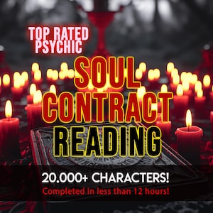 May include: A dark, atmospheric scene featuring numerous lit red candles surrounding a central circular board with intricate markings. The text reads TOP RATED PSYCHIC SOUL CONTRACT READING 20.000+ CHARACTERS! Completed in less than 12 hours!