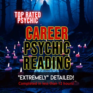 Op de afbeelding: Een digitale afbeelding met de tekst TOP RATED PSYCHIC CAREER PSYCHIC READING *EXTREMELY* DETAILED! Completed in less than 12 hours! De achtergrond toont een donker bos met een figuur in een kap en talloze brandende kaarsen rond een tarotkaart.