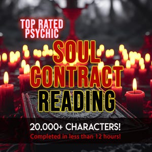 Pode incluir: Imagem com o texto "TOP RATED PSYCHIC" e "SOUL CONTRACT READING". A imagem apresenta velas vermelhas acesas e o texto "20.000+ CHARACTERS! Completed in less than 12 hours!"