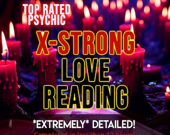 Peut inclure: Une collection de bougies rouges avec de la cire fondante et des flammes brillantes, avec le texte TOP RATED PSYCHIC X-STRONG LOVE READING *EXTREMELY* DETAILED! Completed in less than 12 hours! et une carte de tarot au motif circulaire.