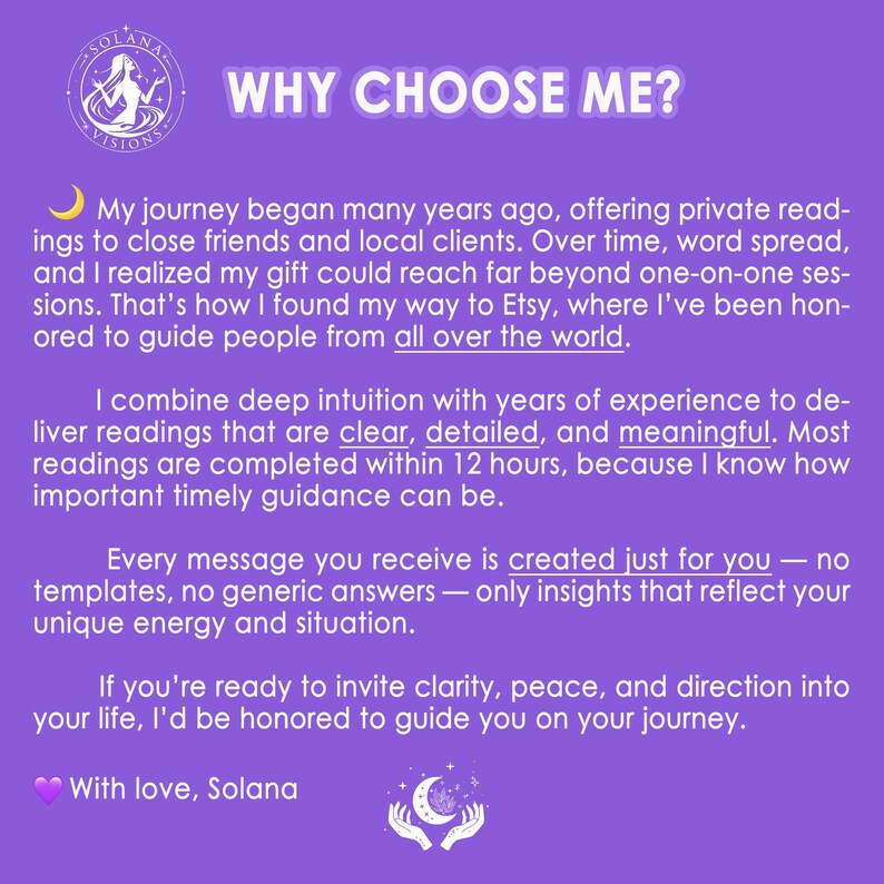 Peut inclure: Graphique violet avec le texte "WHY CHOOSE ME?" et le logo Solana Visions. Le texte d&eacute;crit le parcours du vendeur, son exp&eacute;rience et son engagement &agrave; fournir des lectures personnalis&eacute;es dans les 12 heures. L'image se termine par "With love, Solana."