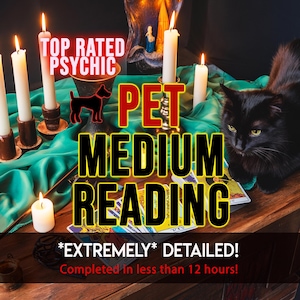 Op de afbeelding: Afbeelding die een mediumlezing voor huisdieren promoot. De tekst luidt "TOP RATED PSYCHIC" en "PET MEDIUM READING". Een zwarte kat zit in de buurt van tarotkaarten, met brandende kaarsen en een groene doek op een houten tafel.
