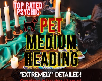 以下が含まれることがあります： ペットの霊媒リーディングを宣伝する画像。「TOP RATED PSYCHIC」と「PET MEDIUM READING」の文字。黒猫がタロットカードの近くに座っており、ろうそくが灯り、木製のテーブルに緑色の布が置かれています。テキストには「*EXTREMELY* DETAILED！」と書かれています。