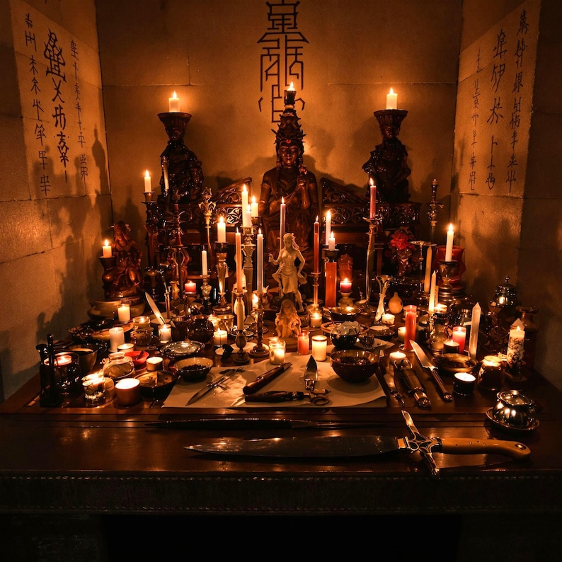 May include: A dark wooden altar table illuminated by numerous lit candles, featuring a central dark statue, various small figurines, bowls, and metal blades. The stone walls behind the altar display vertical columns of black calligraphic text.