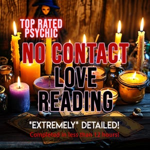 May include: A collection of lit candles in various colors including yellow, orange, and purple, arranged on a dark wooden surface with scattered tarot cards. The text reads TOP RATED PSYCHIC NO CONTACT LOVE READING *EXTREMELY* DETAILED! Completed in less than 12 hours!