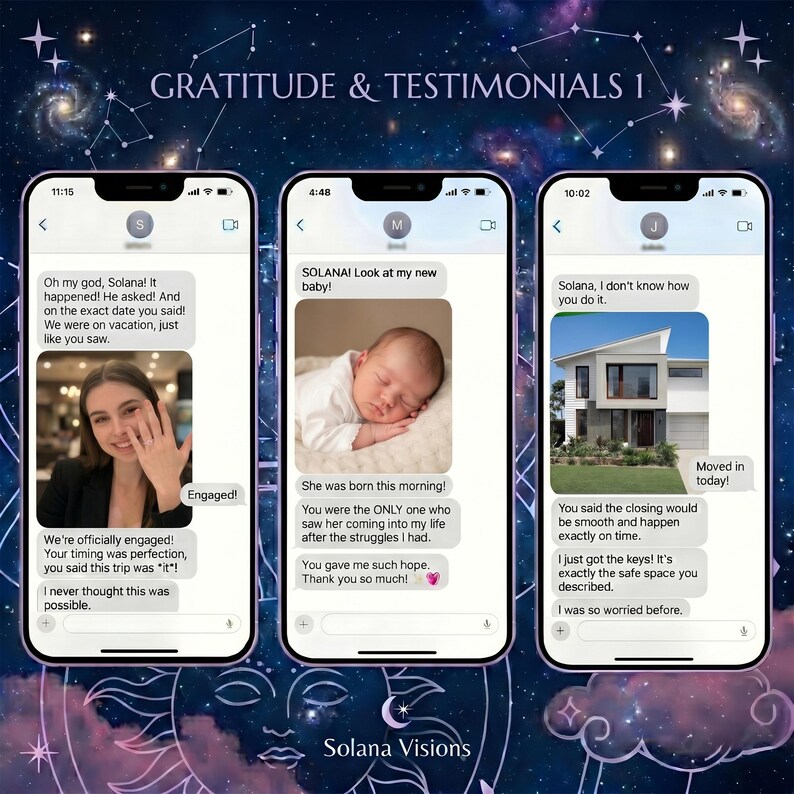 Może przedstawiać: Trzy ekrany smartfon&oacute;w wyświetlające rozmowy tekstowe pod nagł&oacute;wkiem GRATITUDE & TESTIMONIALS 1. Wiadomości zawierają zdjęcia zaręczyn, noworodka i nowoczesnego domu, z tekstem Solana Visions umieszczonym poniżej.