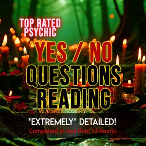 May include: A digital graphic featuring the text TOP RATED PSYCHIC YES / NO QUESTIONS READING *EXTREMELY* DETAILED! Completed in less than 12 hours! The background displays multiple lit candles with orange flames set against a dark green forest.