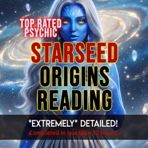 Puede incluir: Ilustración digital de una mujer de piel azul con cabello plateado y ojos amarillos. La imagen incluye el texto "TOP RATED PSYCHIC" y "STARSEED ORIGINS READING". Texto adicional dice "*EXTREMELY* DETAILED!" y "Completed in less than 12 hours!"