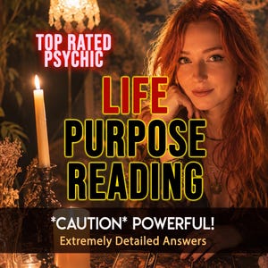 May include: A digital graphic featuring the text TOP RATED PSYCHIC LIFE PURPOSE READING *CAUTION* POWERFUL! Extremely Detailed Answers. The image displays a person with long red hair, a lit candle in a dark holder, and tarot cards on a table.