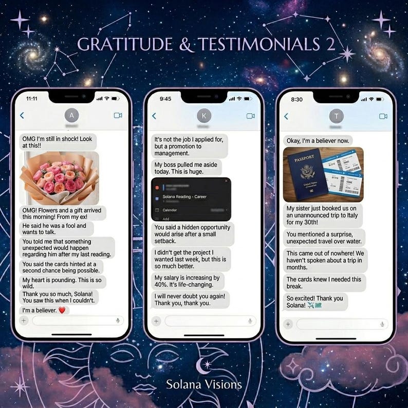 May include: Image of three smartphones displaying text messages and images. The messages share positive experiences and testimonials. The background features a celestial design with the text "GRATITUDE & TESTIMONIALS 2" and the Solana Visions logo.