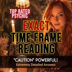 Könnte beinhalten: Bild mit einer rothaarigen Frau, mit Textüberlagerung: "TOP RATED PSYCHIC", "EXACT TIME FRAME READING" und "*CAUTION* POWERFUL! Extremely Detailed Answers." Eine brennende Kerze und Tarotkarten sind sichtbar.