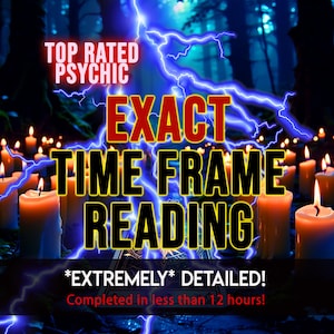 Puede incluir: Un gráfico digital con el texto TOP RATED PSYCHIC EXACT TIME FRAME READING *EXTREMELY* DETAILED! Completed in less than 12 hours! El fondo muestra numerosas velas encendidas y relámpagos azules brillantes contra un bosque oscuro.