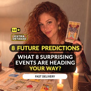 May include: A person with long red hair holds a tarot card titled The Lovers. Text overlays read 5.0 EXTRA DETAILED, 8 FUTURE PREDICTIONS WHAT 8 SURPRISING EVENTS ARE HEADING YOUR WAY?, and FAST DELIVERY. Several tarot cards and two lit candles are visible.