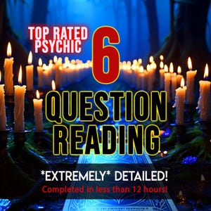 Könnte beinhalten: Eine digitale Grafik mit zahlreichen brennenden Kerzen in Haltern und dem Text TOP RATED PSYCHIC 6 QUESTION READING. Darunter steht der Text *EXTREMELY* DETAILED! Completed in less than 12 hours! Der Hintergrund zeigt einen dunklen Wald.