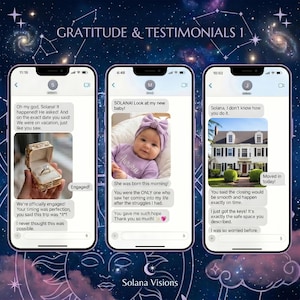 Peut inclure: Graphique num&eacute;rique avec trois &eacute;crans de smartphone affichant des messages texte. Les messages partagent des t&eacute;moignages positifs. Un &eacute;cran montre une bague de fian&ccedil;ailles, un autre un b&eacute;b&eacute; et le troisi&egrave;me une maison. Le fond pr&eacute;sente un ciel &eacute;toil&eacute; et les mots "GRATITUDE & TESTIMONIALS 1".