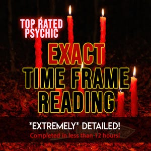 以下が含まれることがあります： 暗い背景に6本の赤いキャンドルが灯っています。テキストには「TOP RATED PSYCHIC EXACT TIME FRAME READING *EXTREMELY* DETAILED! Completed in less than 12 hours!」と書かれています。画像の下部には3枚のカードが見えます。