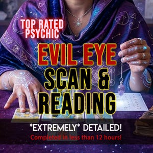 Può includere: Immagine che promuove un servizio di "Evil Eye Scan & Reading". Il testo include "Top Rated Psychic" e "*Extremely* Detailed!" Una mano tiene un pendolo sopra carte dei tarocchi. Lo sfondo è viola scuro.